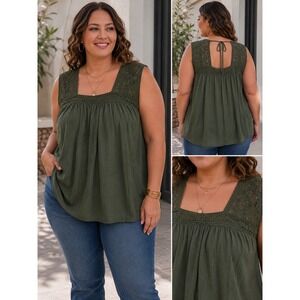 Torrid Olive Green Lace Crochet Square Neck Tie Back Babydoll Blouse 00
